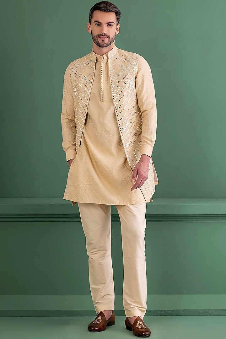 Gold Silk Jacquard Mirror Work Indowestern Set by AMIT ARORA