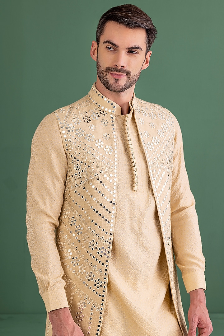 Gold Silk Jacquard Mirror Work Wedding Indowestern Set by AMIT ARORA at Pernia's Pop Up Shop