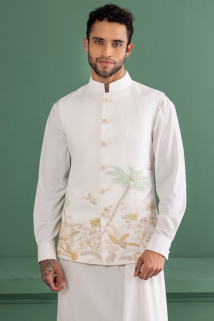 Ivory Knit Embroidered Bundi Jacket Set by AMIT ARORA at Pernia's Pop Up Shop