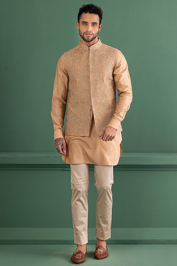 Rust Dobby Silk Embroidered Bundi Jacket Set by AMIT ARORA