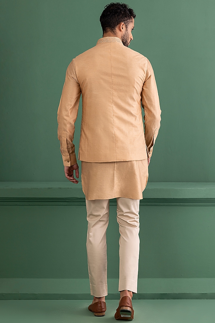 Rust Dobby Silk Embroidered Bundi Jacket Set by AMIT ARORA at Pernia's Pop Up Shop