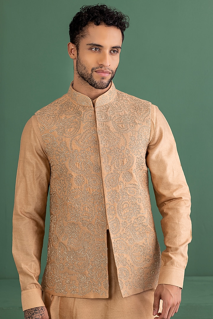 Rust Dobby Silk Embroidered Bundi Jacket Set by AMIT ARORA at Pernia's Pop Up Shop