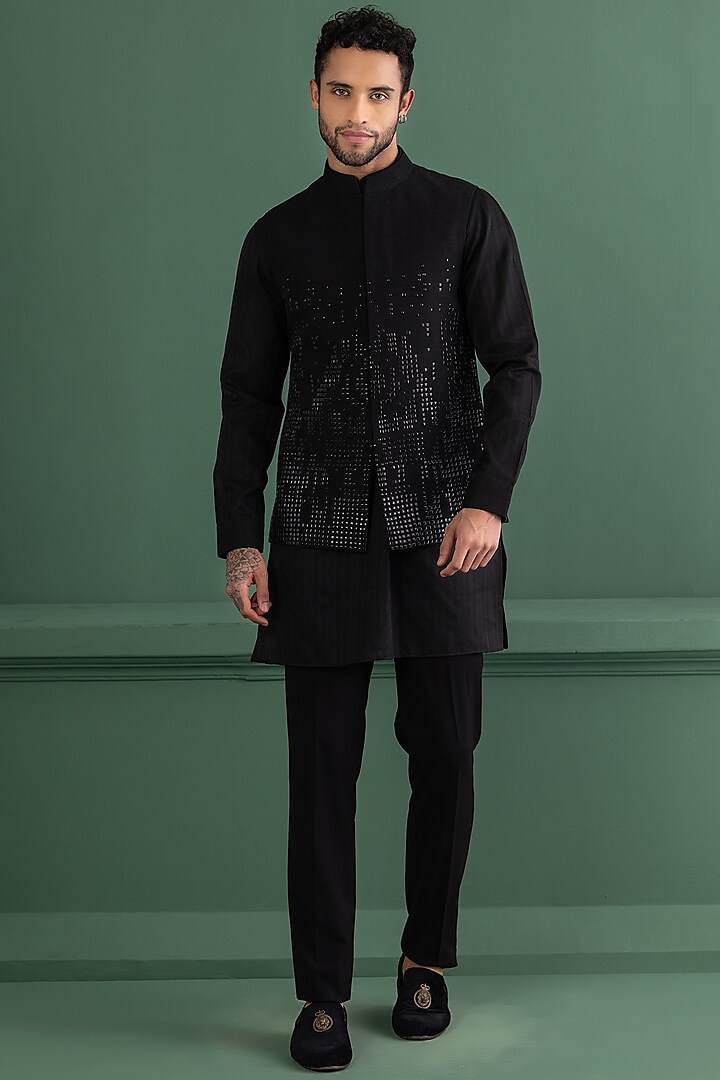 Black Matka Silk Metal Work Bundi Jacket Set by AMIT ARORA