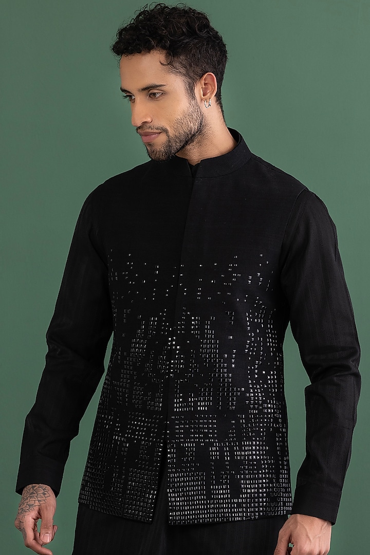 Black Matka Silk Metal Work Bundi Jacket Set by AMIT ARORA at Pernia's Pop Up Shop