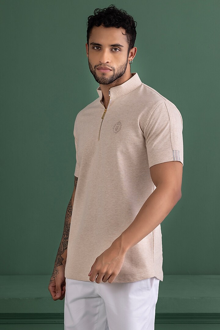 Beige Knit T-Shirt by AMIT ARORA at Pernia's Pop Up Shop