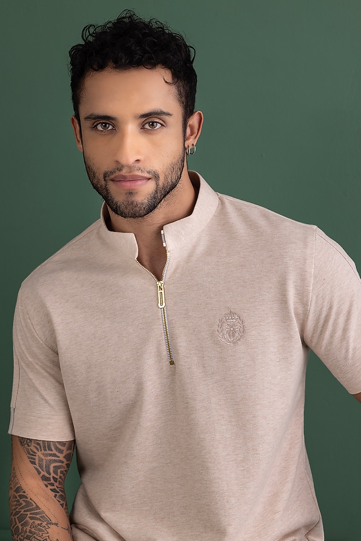 Beige Knit T-Shirt by AMIT ARORA at Pernia's Pop Up Shop