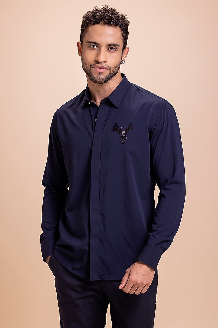 Navy Blue Acetate Shirt by AMIT ARORA at Pernia's Pop Up Shop