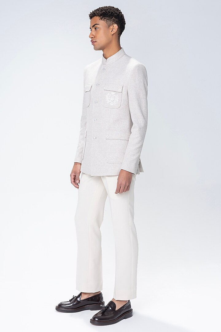 Fawn Knit Motif Embroidered Textured Wedding Bandhgala by AMIT ARORA at Pernia's Pop Up Shop