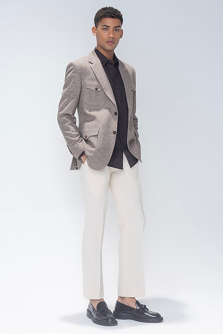 Beige Knit Textured Blazer by AMIT ARORA at Pernia's Pop Up Shop