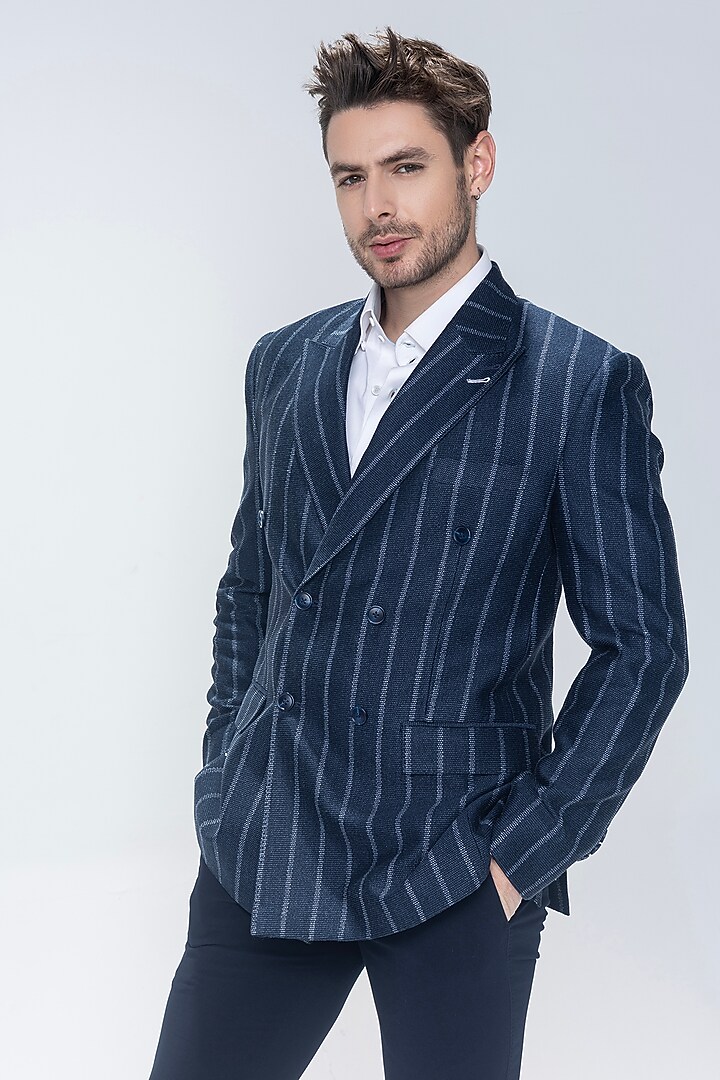 Navy Blue Knit Striped Blazer by AMIT ARORA at Pernia's Pop Up Shop