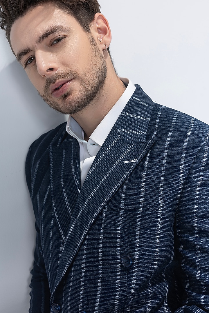 Navy Blue Knit Striped Blazer by AMIT ARORA at Pernia's Pop Up Shop