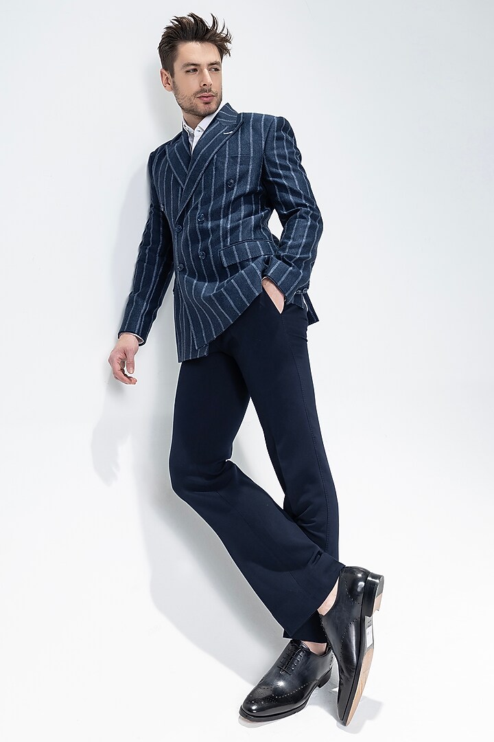 Navy Blue Knit Striped Blazer by AMIT ARORA at Pernia's Pop Up Shop