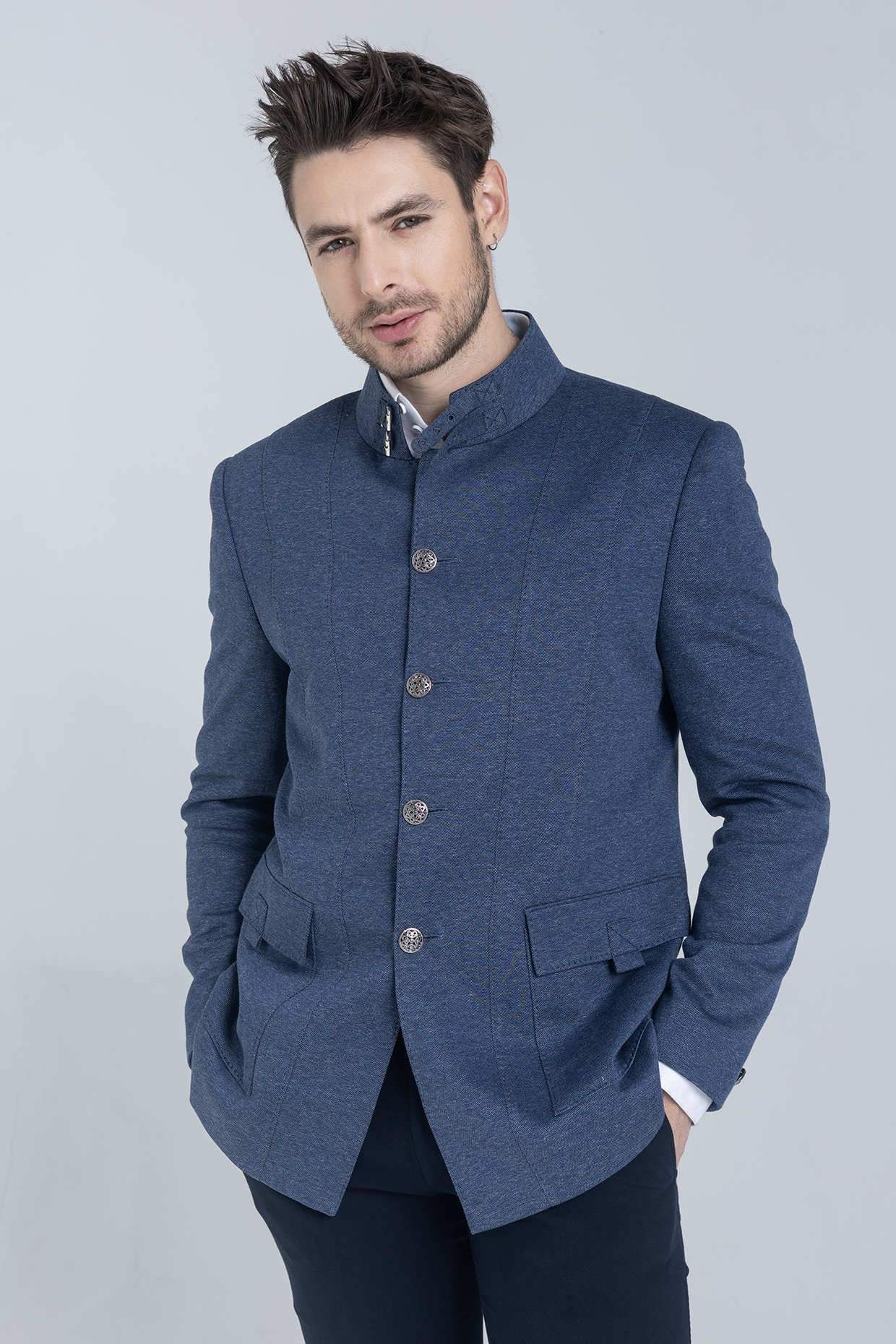 Blue Knit Textured Bandhgala by AMIT ARORA