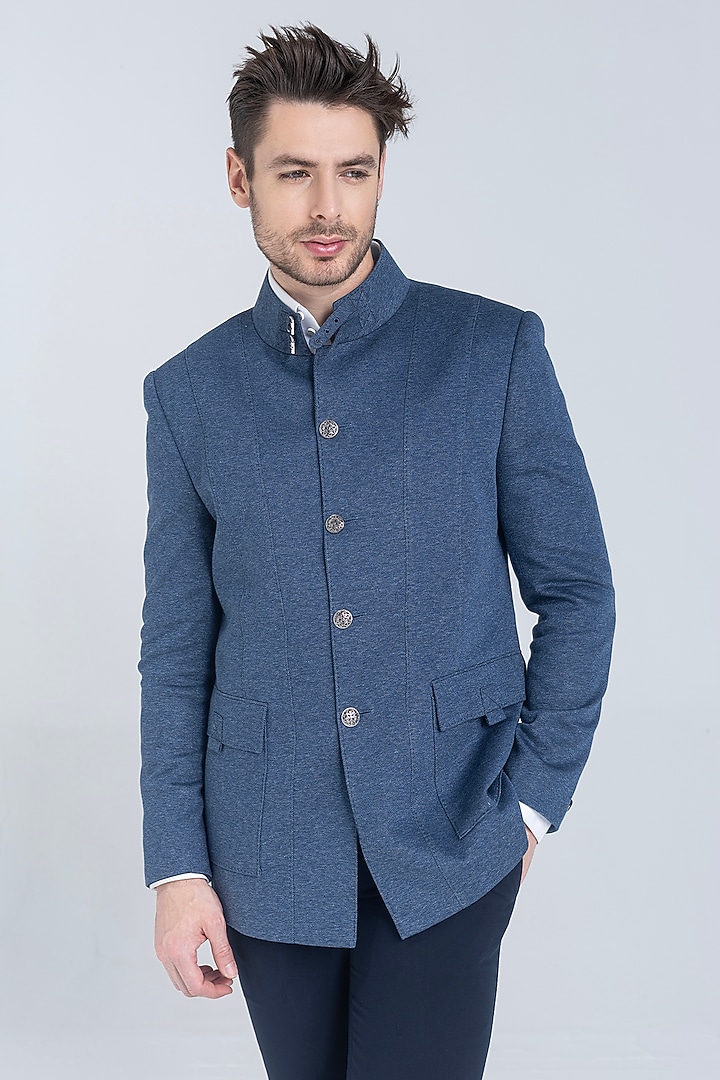 Blue Knit Textured Wedding Bandhgala by AMIT ARORA at Pernia's Pop Up Shop