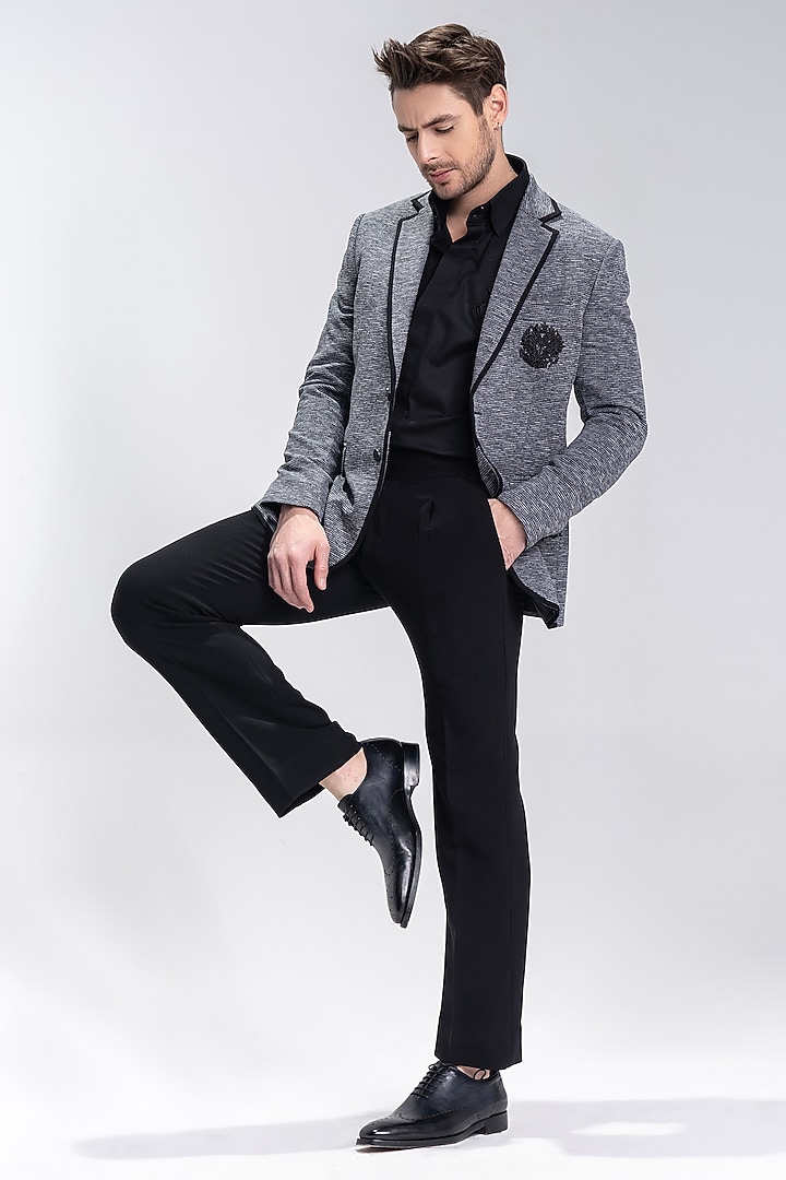 Grey Knit Motif Embroidered Textured Blazer by AMIT ARORA at Pernia's Pop Up Shop