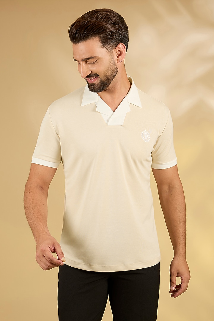 Light Beige Knit T-Shirt by AMIT ARORA at Pernia's Pop Up Shop