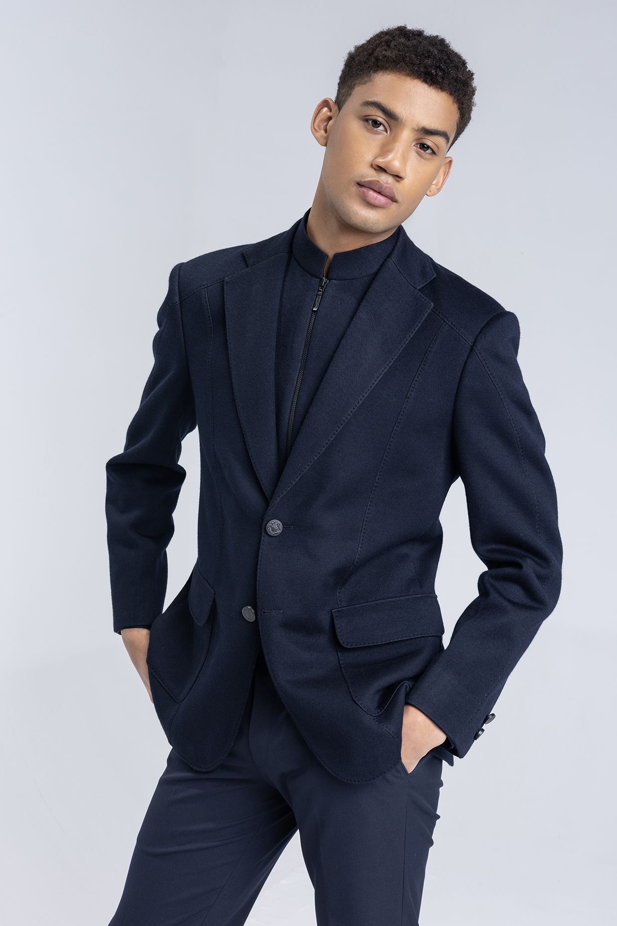 Navy Blue Knit Blazer by AMIT ARORA