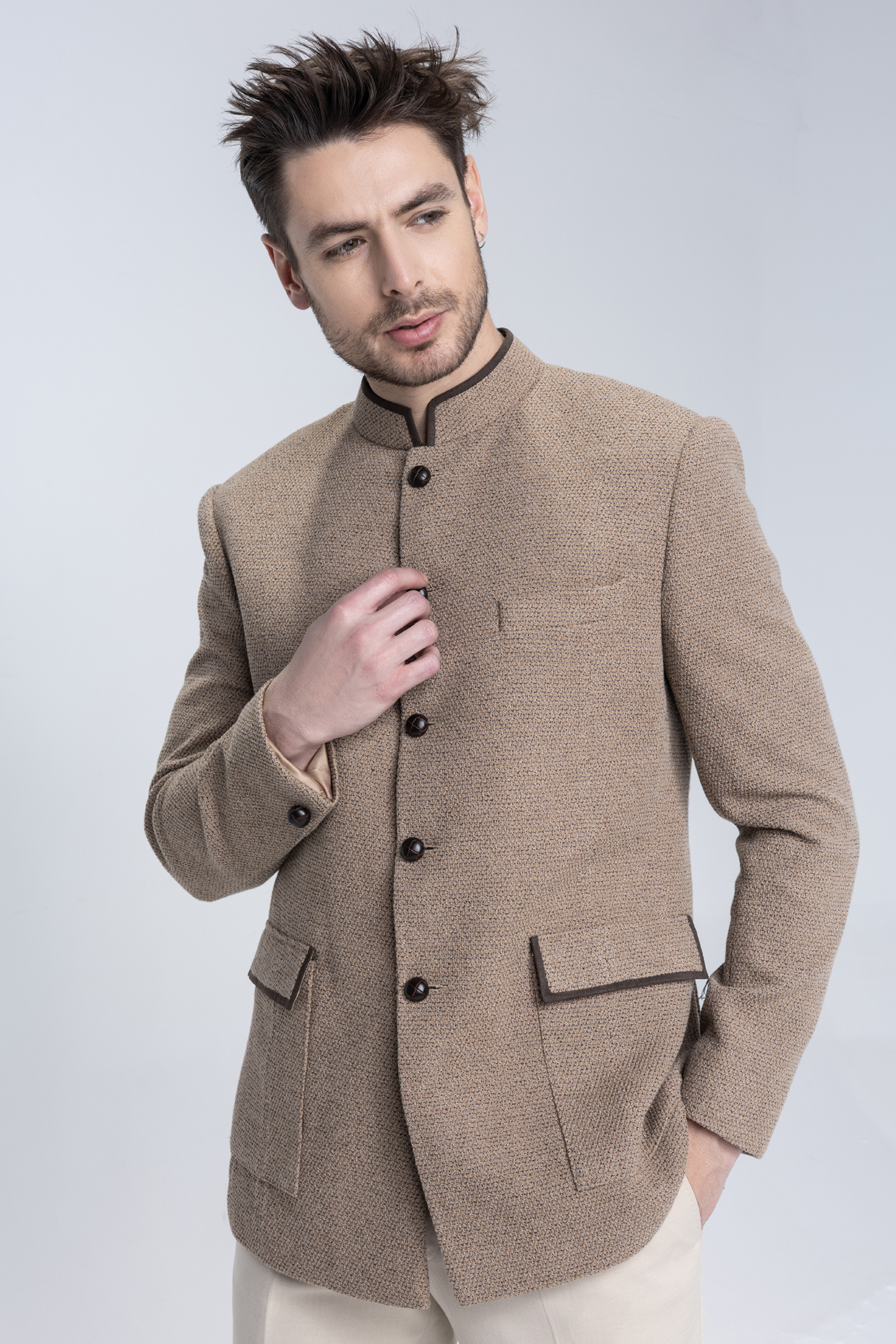Khaki Beige Knit Textured Bandhgala by AMIT ARORA