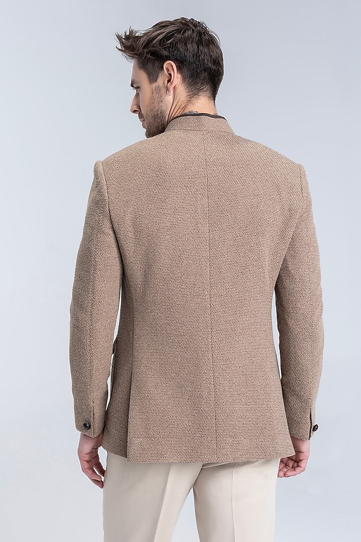 Khaki Beige Knit Textured Wedding Bandhgala by AMIT ARORA at Pernia's Pop Up Shop