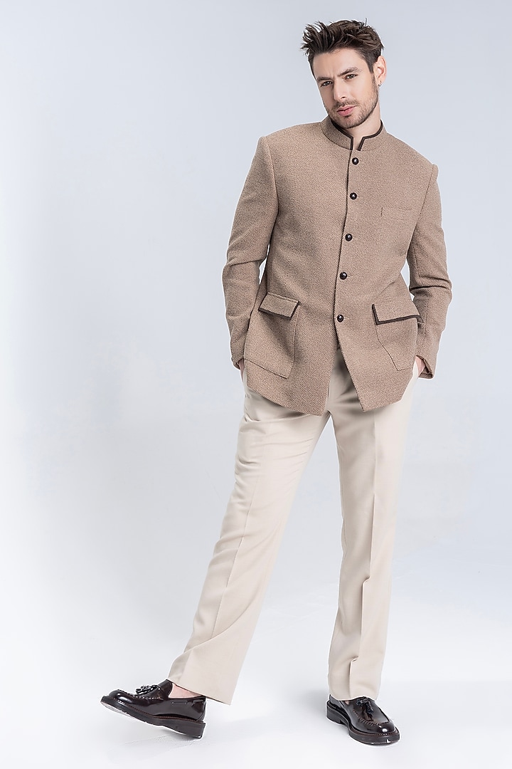 Khaki Beige Knit Textured Wedding Bandhgala by AMIT ARORA at Pernia's Pop Up Shop