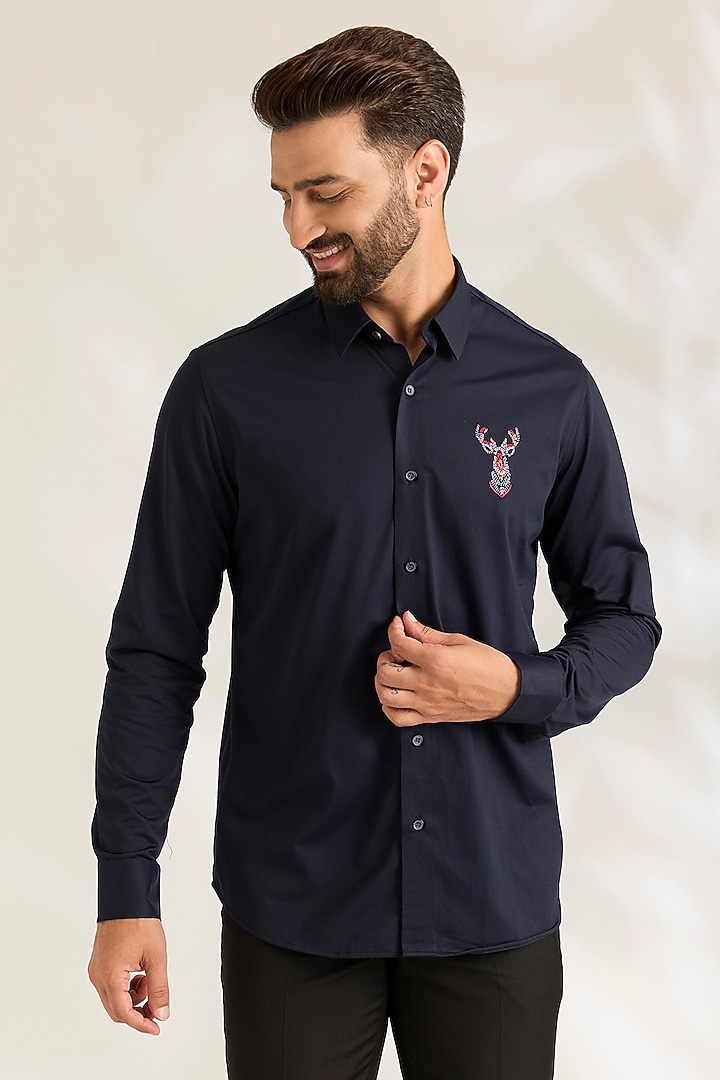 Navy Blue Cotton Lycra Shirt by AMIT ARORA at Pernia's Pop Up Shop