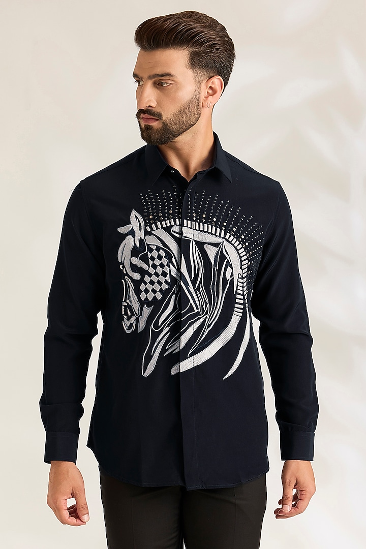 Dark Navy Blue Polynosic Shirt by AMIT ARORA at Pernia's Pop Up Shop