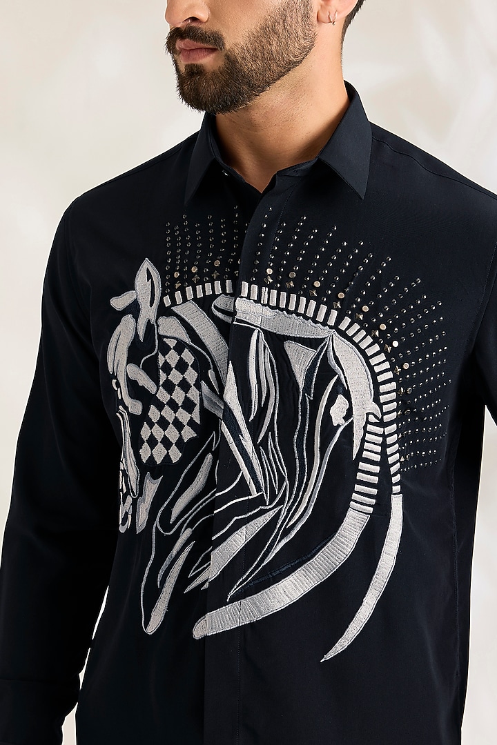 Dark Navy Blue Polynosic Shirt by AMIT ARORA at Pernia's Pop Up Shop