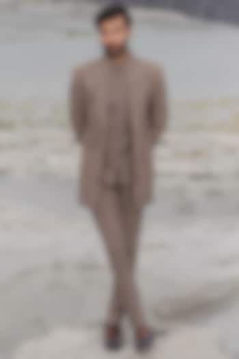 Khaki-Colored Poly Twill Hand Embroidered Wedding Indowestern Set by AMIT ARORA at Pernia's Pop Up Shop