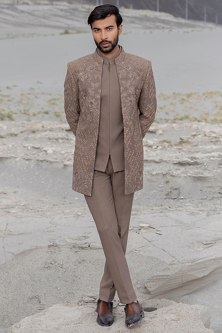 Khaki-Colored Poly Twill Hand Embroidered Wedding Indowestern Set by AMIT ARORA at Pernia's Pop Up Shop
