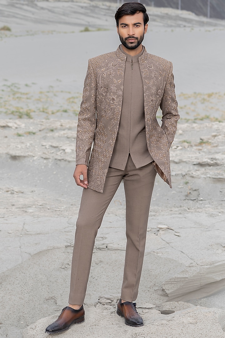 Khaki-Colored Poly Twill Hand Embroidered Wedding Indowestern Set by AMIT ARORA at Pernia's Pop Up Shop
