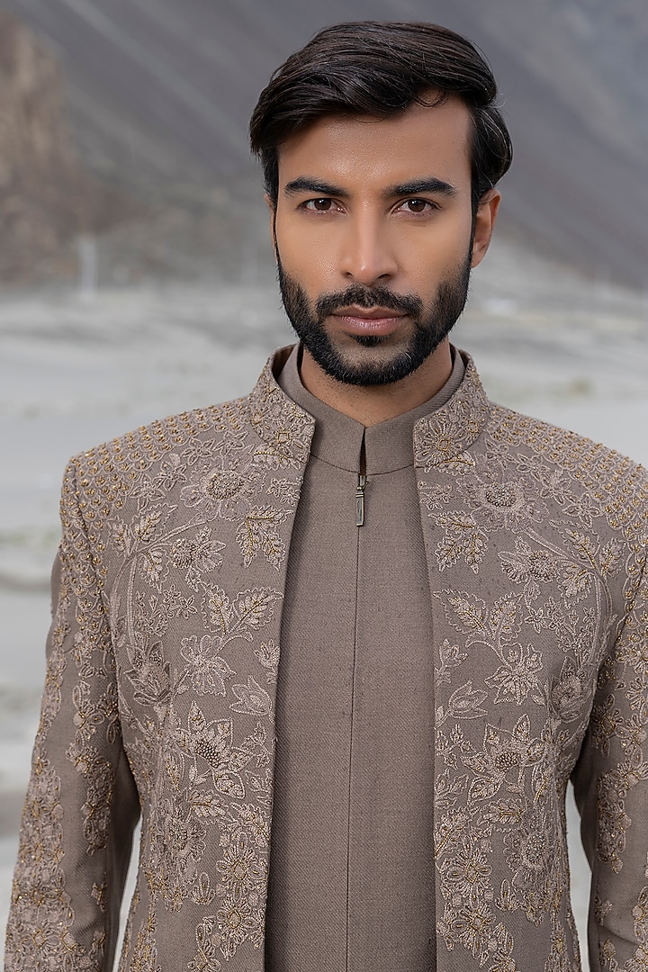 Khaki-Colored Poly Twill Hand Embroidered Wedding Indowestern Set by AMIT ARORA at Pernia's Pop Up Shop