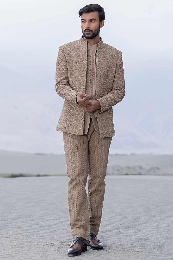 Khaki Poly Knit Hand Embroidered Groom Indowestern Set by AMIT ARORA at Pernia's Pop Up Shop