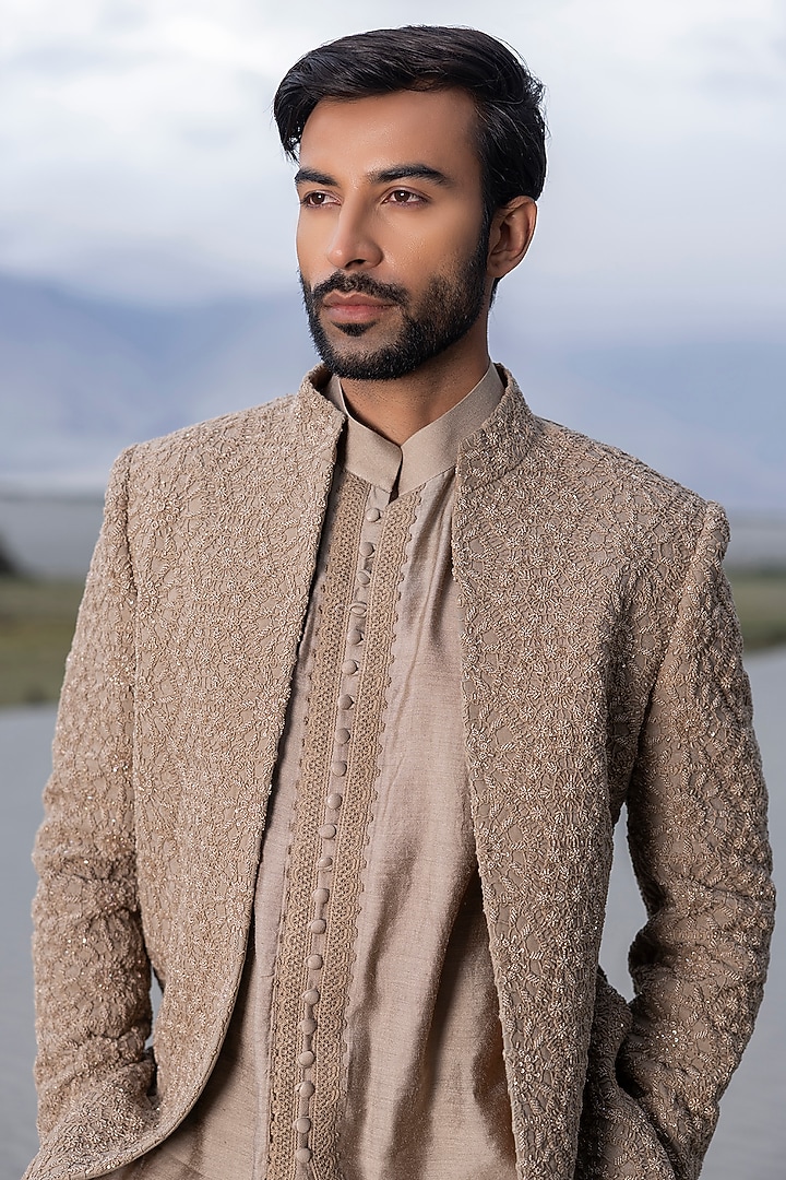 Khaki Poly Knit Hand Embroidered Groom Indowestern Set by AMIT ARORA at Pernia's Pop Up Shop
