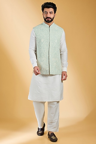 Mint Textured Rayon & Cotton Silk Hand Embroidered Bundi Jacket Set by AMIT ARORA