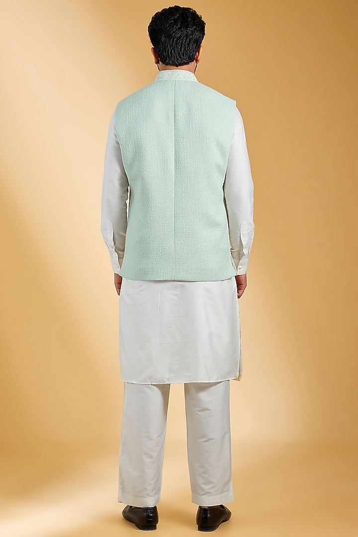 Mint Textured Rayon & Cotton Silk Hand Embroidered Bundi Jacket Set by AMIT ARORA at Pernia's Pop Up Shop