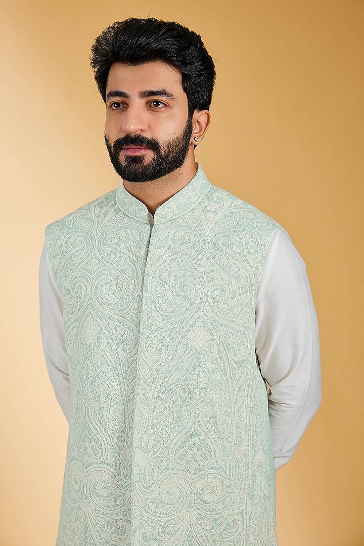 Mint Textured Rayon & Cotton Silk Hand Embroidered Bundi Jacket Set by AMIT ARORA at Pernia's Pop Up Shop