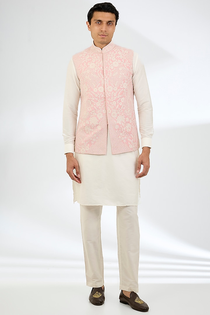 Pink Cotton Silk & Textured Rayon Bundi Jacket Set by AMIT ARORA