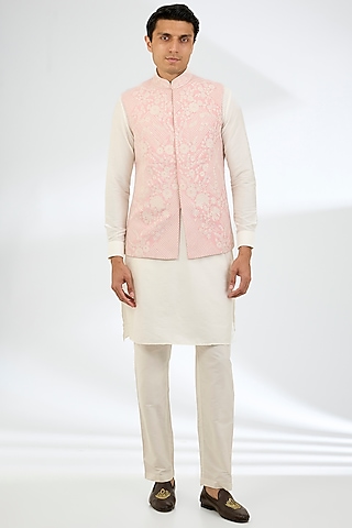 Pink Cotton Silk & Textured Rayon Bundi Jacket Set by AMIT ARORA