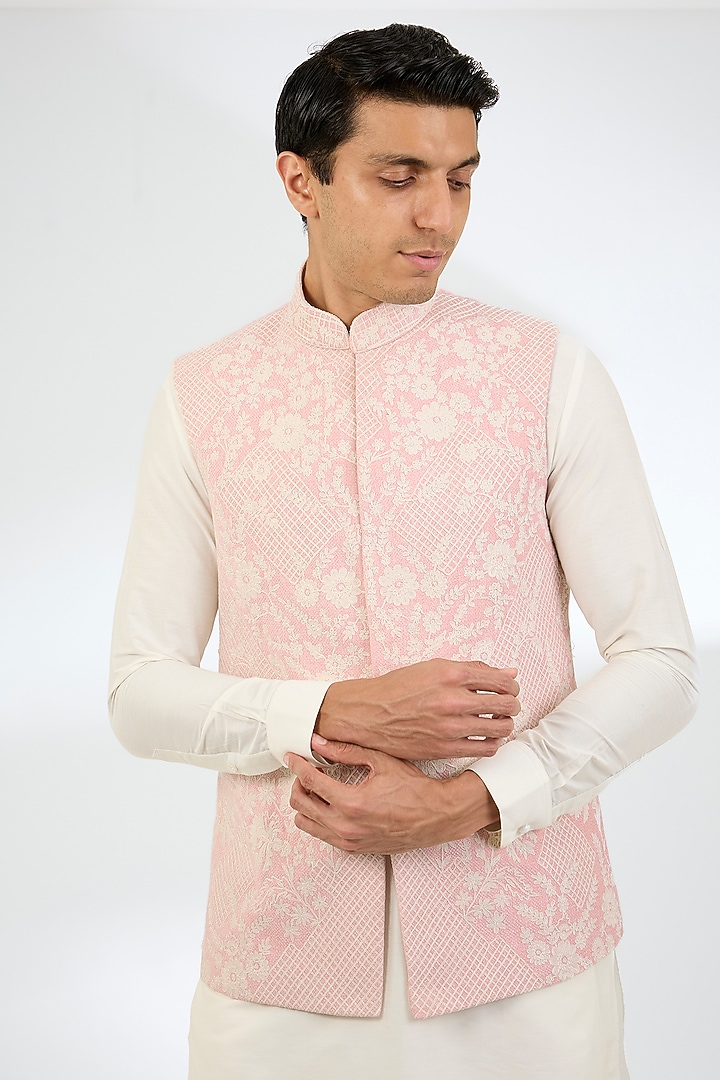 Pink Cotton Silk & Textured Rayon Bundi Jacket Set by AMIT ARORA at Pernia's Pop Up Shop