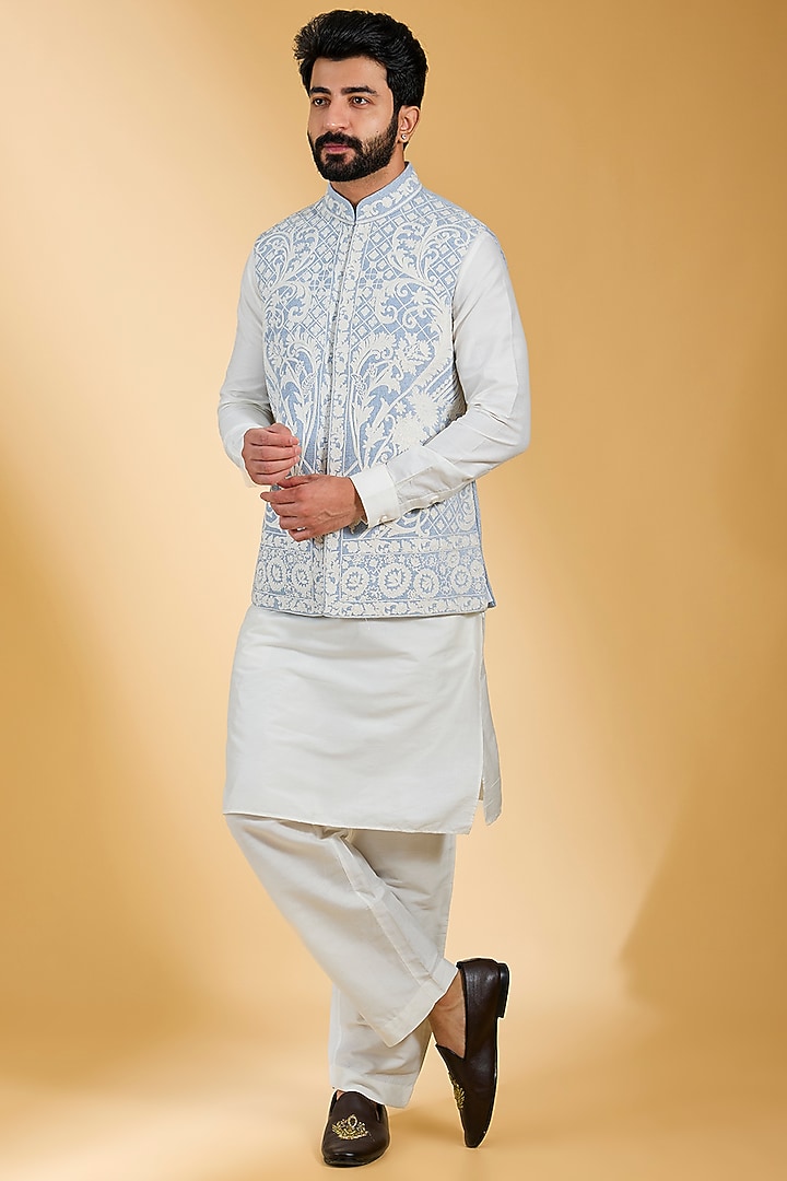 Sky Blue Textured Rayon & Cotton Silk Hand Embroidered Bundi Jacket Set by AMIT ARORA