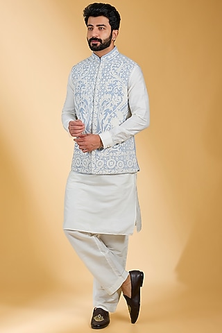 Sky Blue Textured Rayon & Cotton Silk Hand Embroidered Bundi Jacket Set by AMIT ARORA