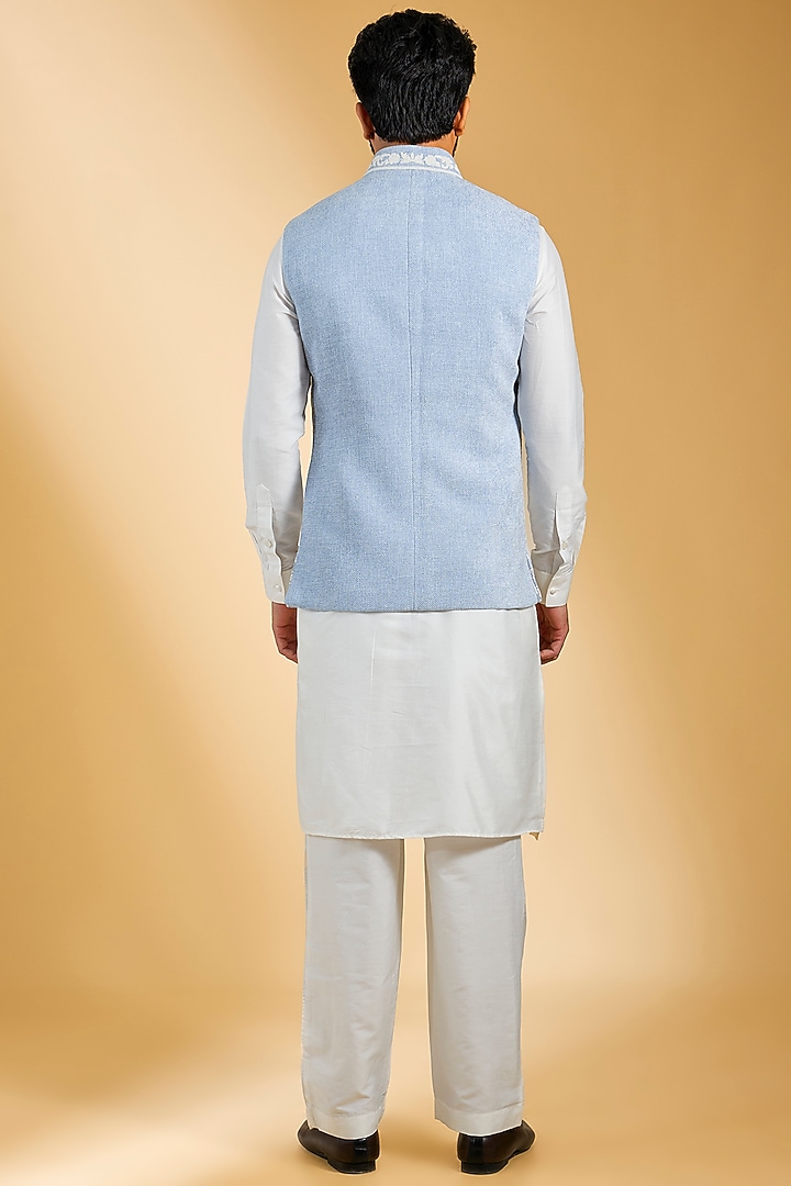 Sky Blue Textured Rayon & Cotton Silk Hand Embroidered Bundi Jacket Set by AMIT ARORA at Pernia's Pop Up Shop