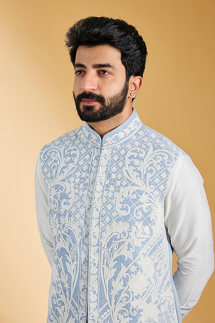 Sky Blue Textured Rayon & Cotton Silk Hand Embroidered Bundi Jacket Set by AMIT ARORA at Pernia's Pop Up Shop