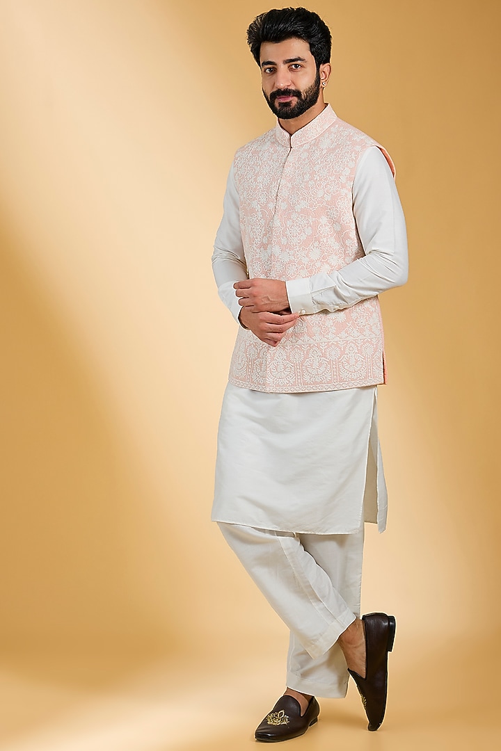 Peach Textured Rayon & Cotton Silk Hand Embroidered Bundi Jacket Set by AMIT ARORA