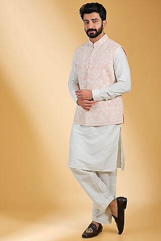 Peach Textured Rayon & Cotton Silk Hand Embroidered Bundi Jacket Set by AMIT ARORA