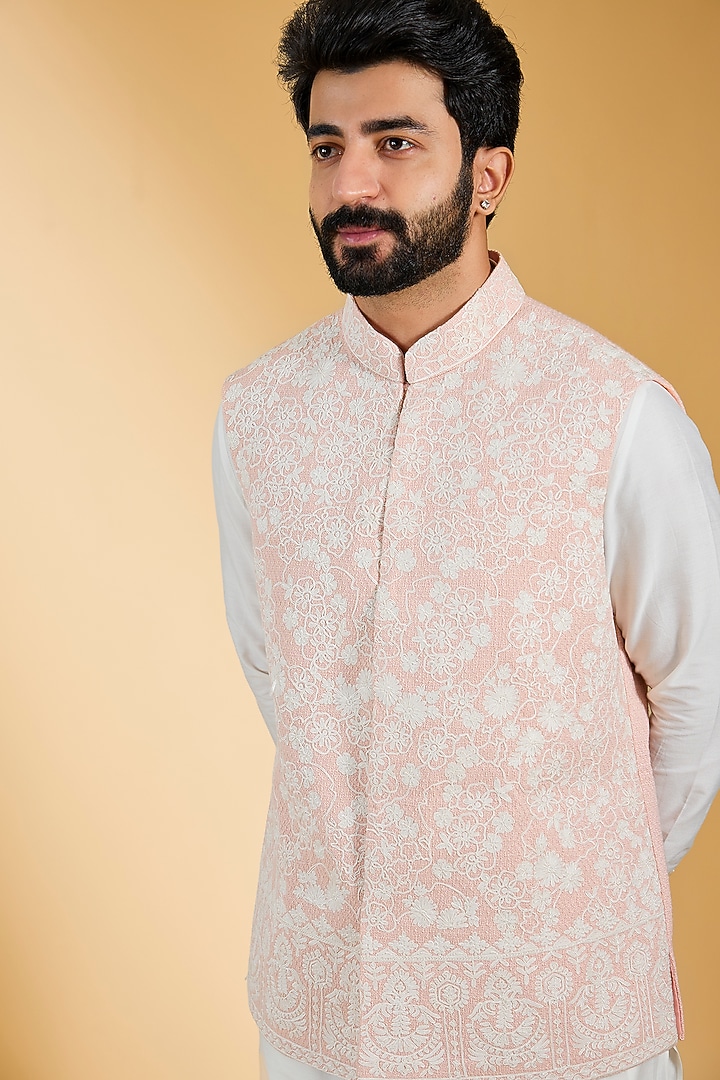 Peach Textured Rayon & Cotton Silk Hand Embroidered Bundi Jacket Set by AMIT ARORA at Pernia's Pop Up Shop
