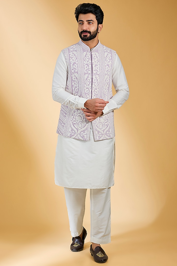 Mauve Textured Rayon & Cotton Silk Hand Embroidered Bundi Jacket Set by AMIT ARORA
