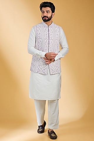 Mauve Textured Rayon & Cotton Silk Hand Embroidered Bundi Jacket Set by AMIT ARORA