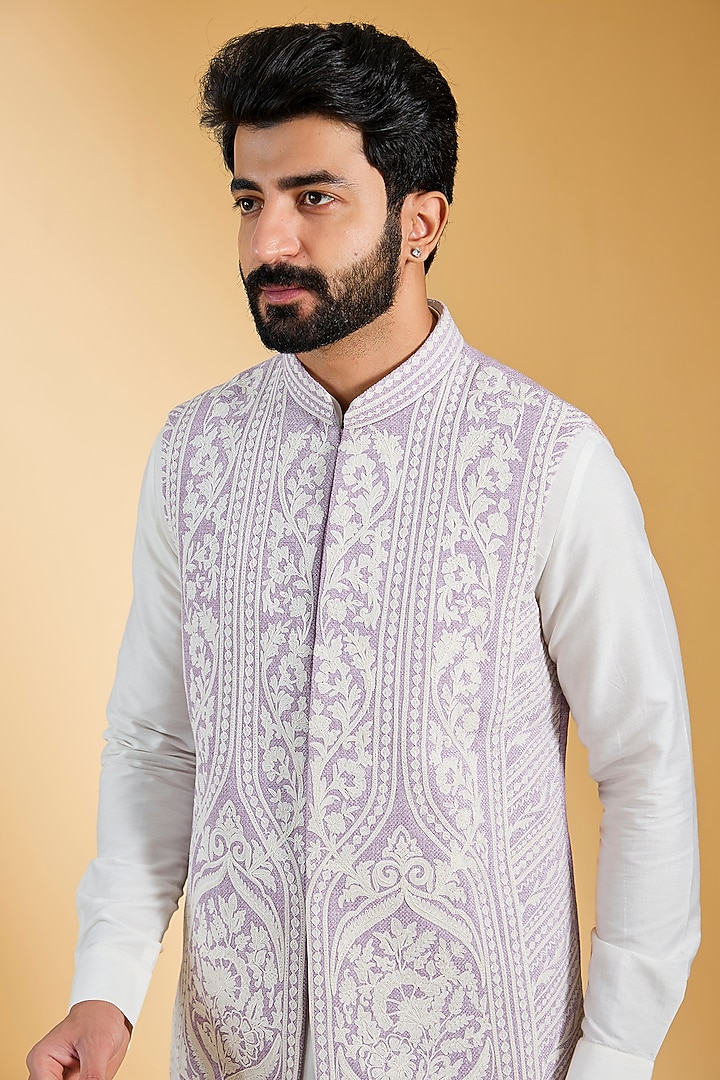 Mauve Textured Rayon & Cotton Silk Hand Embroidered Bundi Jacket Set by AMIT ARORA at Pernia's Pop Up Shop
