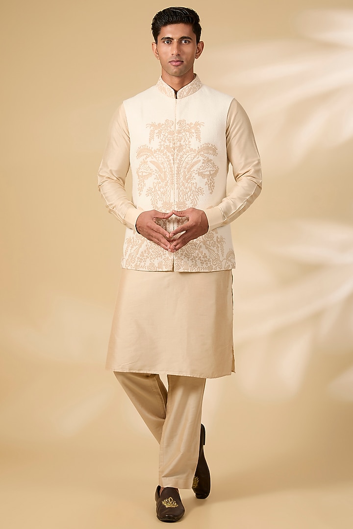 Ivory Dobby Silk & Cotton Silk Bundi Jacket Set by AMIT ARORA